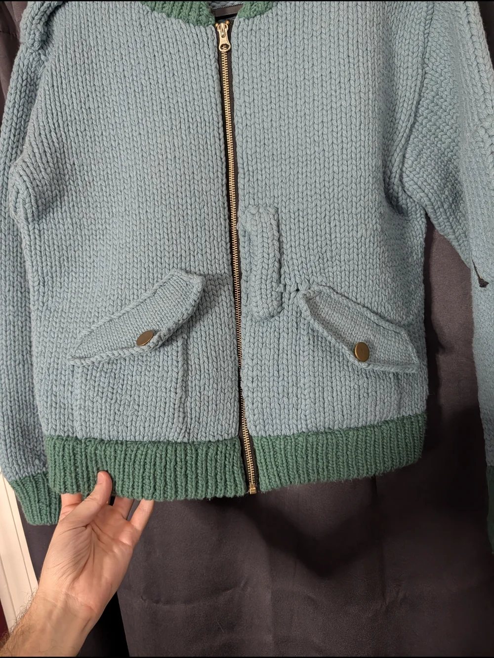 GIM CONTEXT Japanese Blue Green Knit Wool Bomber Jacket with Zip One Size